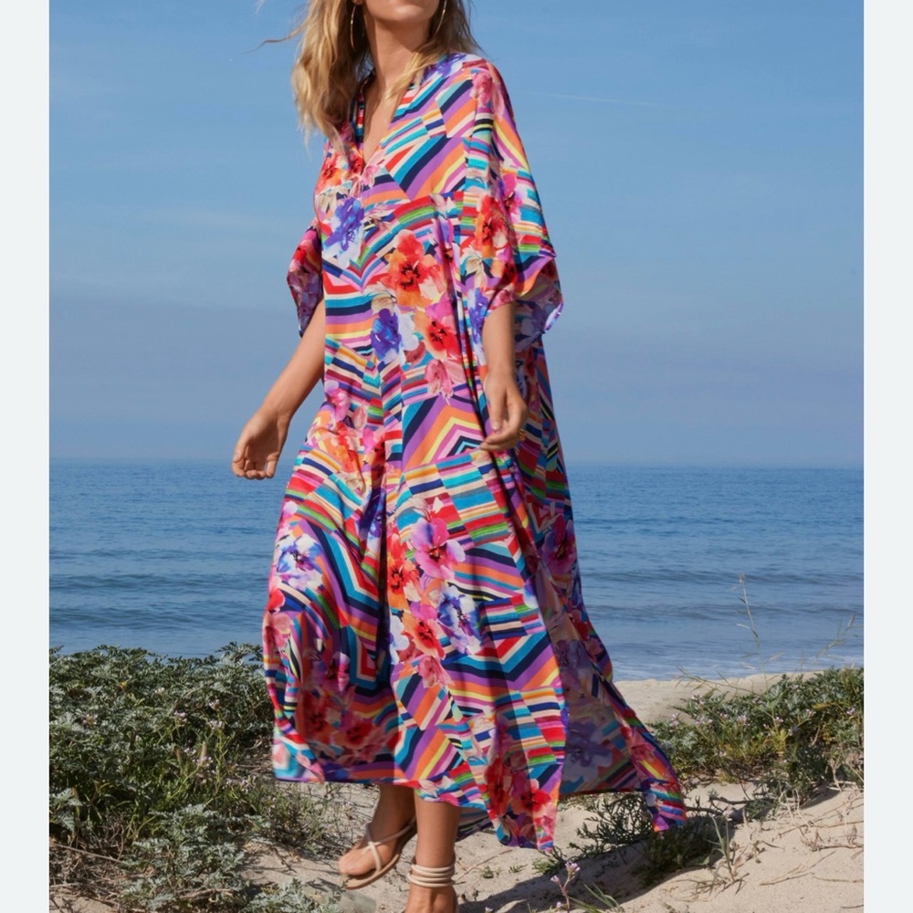 JOHNNY WAS Summer Stripes Floral Summer Kaftan Kimono Maxi Dress size S/M NEW